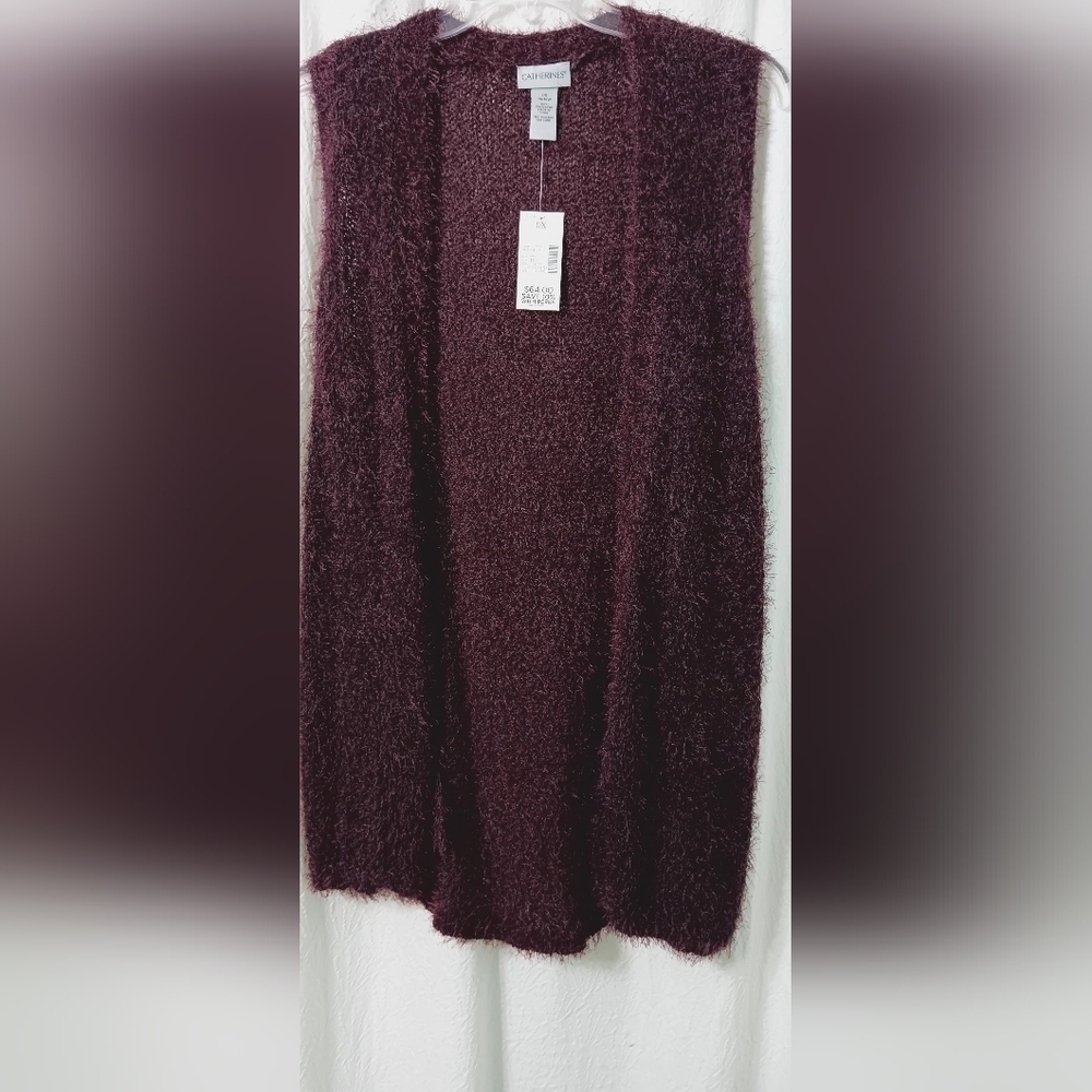 CATHERINES Fuzzy Sleeveless Open Long Cardigan Sweater Plus Size 0X Plum